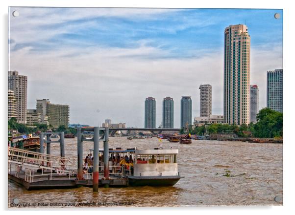 Ferry terminal with cityscape on the Chao Phraya River, Bangkok, Thailand. Acrylic by Peter Bolton