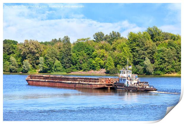 A river tug is pushing a rusty barge along the river along the shore. Print by Sergii Petruk