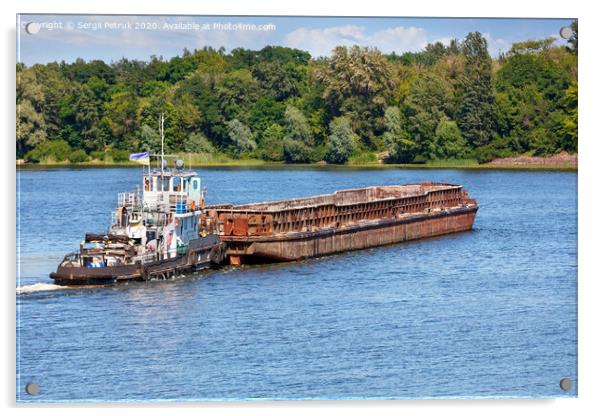 A river tugboat with an empty rusty barge goes crosses a wide river. Acrylic by Sergii Petruk