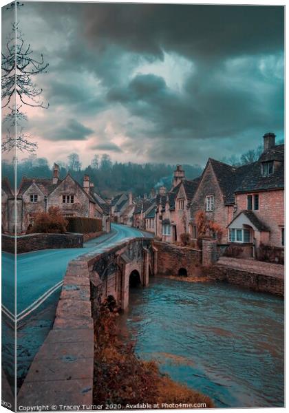A Wintery Castle Combe in the Cotswolds Canvas Print by Tracey Turner