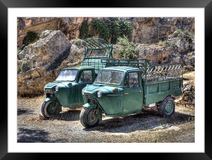 Vintage Mazda Three Wheel Pickups in Lindos Rhodes Framed Mounted Print by Mike Gorton