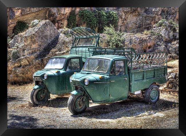 Vintage Mazda Three Wheel Pickups in Lindos Rhodes Framed Print by Mike Gorton