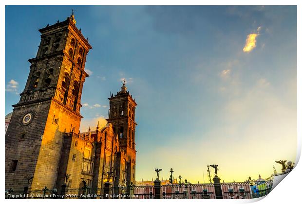 Facade Angels Outside Sunset Puebla Cathedral Mexico Print by William Perry