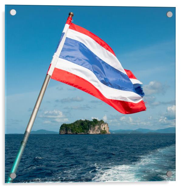 Thailand national flag flying from the stern of a boat. Phang Nga Bay, Thailand. Acrylic by Peter Bolton