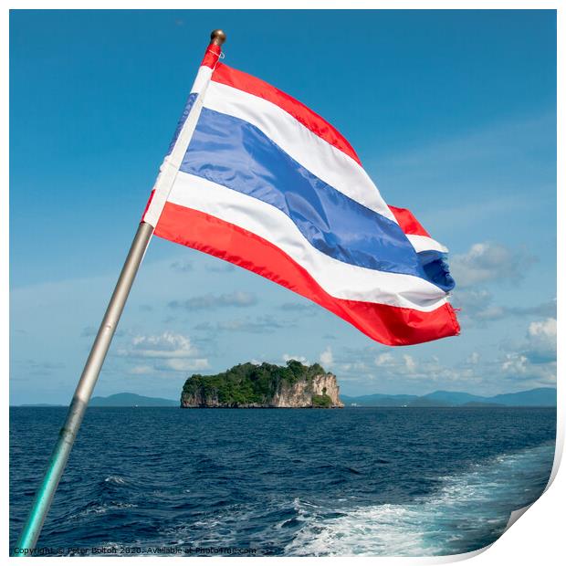 Thailand national flag flying from the stern of a boat. Phang Nga Bay, Thailand. Print by Peter Bolton