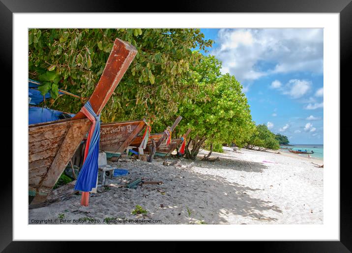  Long-tail boats on the beach at Maya Beach, Phi Phi Islands, Thailand. Framed Mounted Print by Peter Bolton
