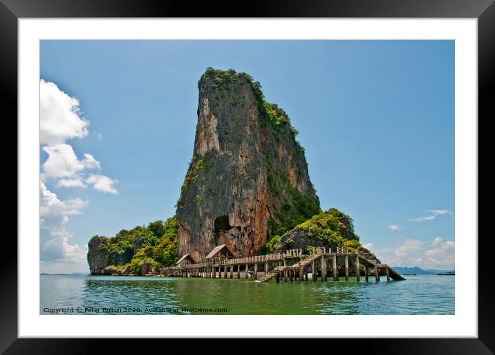 Limestone outcrop with landing stage. Phi Phi Island group, Thailand . Framed Mounted Print by Peter Bolton