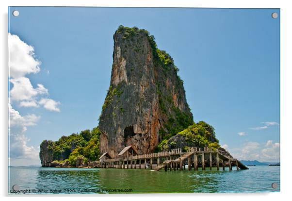 Limestone outcrop with landing stage. Phi Phi Island group, Thailand . Acrylic by Peter Bolton