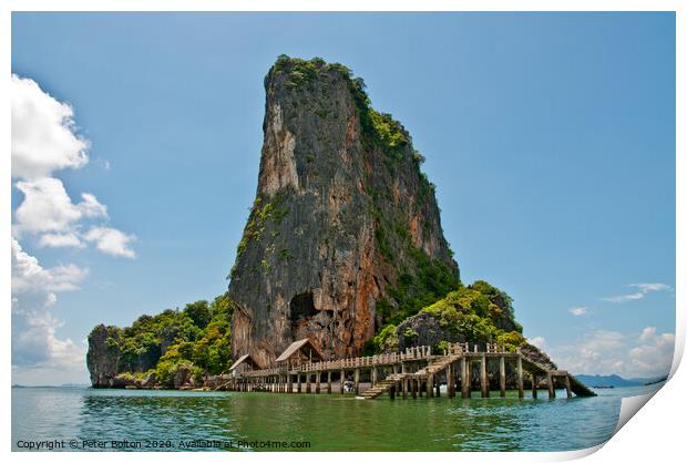 Limestone outcrop with landing stage. Phi Phi Island group, Thailand . Print by Peter Bolton