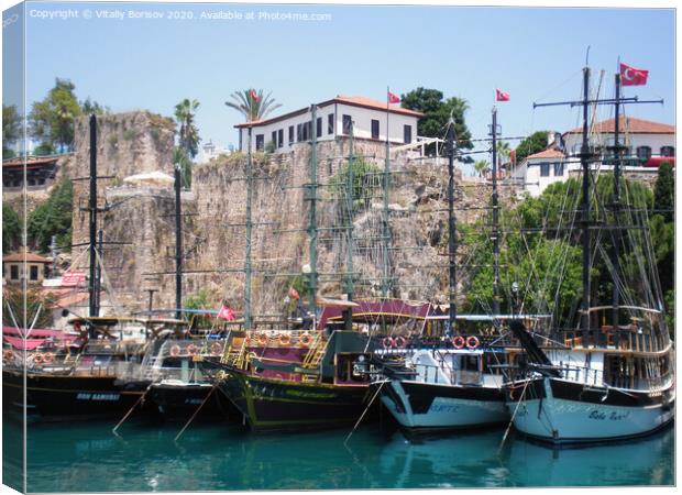 Pleasure  yachts near the walls of the old city of Antalya,Turkey Canvas Print by Vitaliy Borisov
