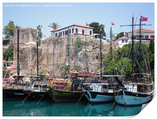 Pleasure  yachts near the walls of the old city of Antalya,Turkey Print by Vitaliy Borisov