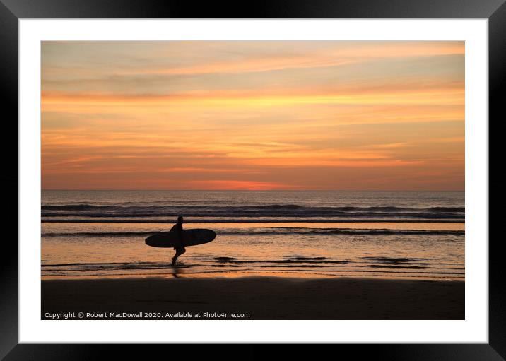 Evening surfer on Piha Beach, New Zealand Framed Mounted Print by Robert MacDowall