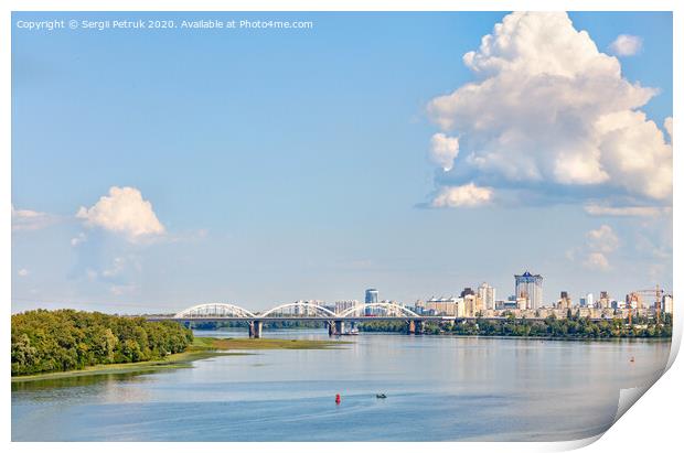A large figured cloud hung over the city near the railway bridge near the Dnipro River. Print by Sergii Petruk