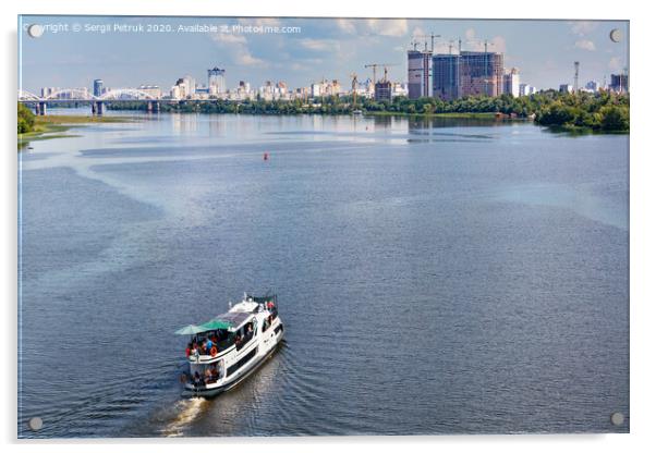 A river tram carries tourists along the Dnipro River along the left bank of Kyiv, top view. Acrylic by Sergii Petruk