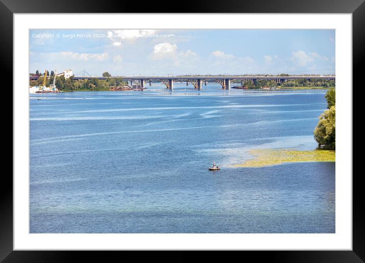 View of the Dnipro and road bridges across the Dnipro river on the horizon. Framed Mounted Print by Sergii Petruk