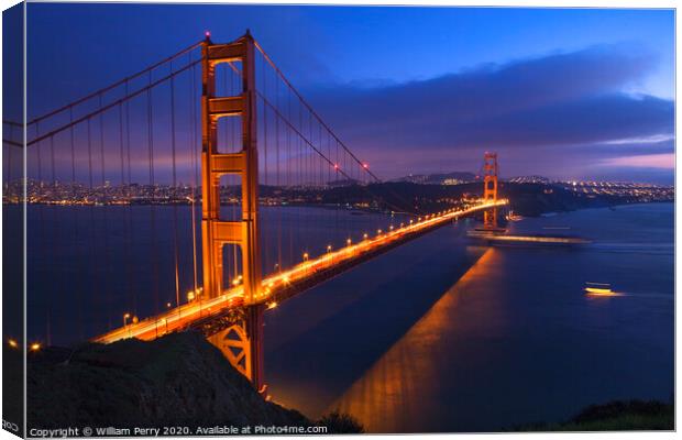 Golden Gate Bridge at Night with Boats San Francisco California Canvas Print by William Perry