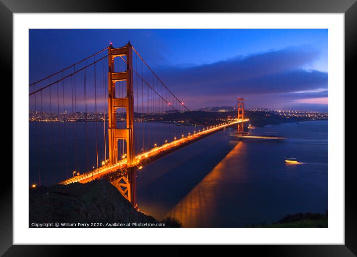 Golden Gate Bridge at Night with Boats San Francisco California Framed Mounted Print by William Perry