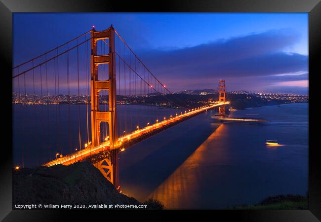 Golden Gate Bridge at Night with Boats San Francisco California Framed Print by William Perry