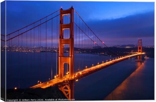 Golden Gate Bridge Sunset Pink Skies Evening with Lights of San Canvas Print by William Perry
