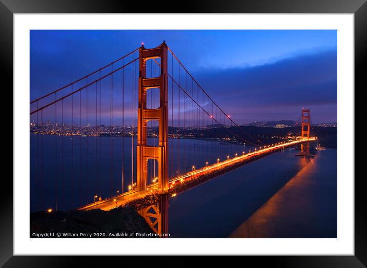 Golden Gate Bridge Sunset Pink Skies Evening with Lights of San Framed Mounted Print by William Perry