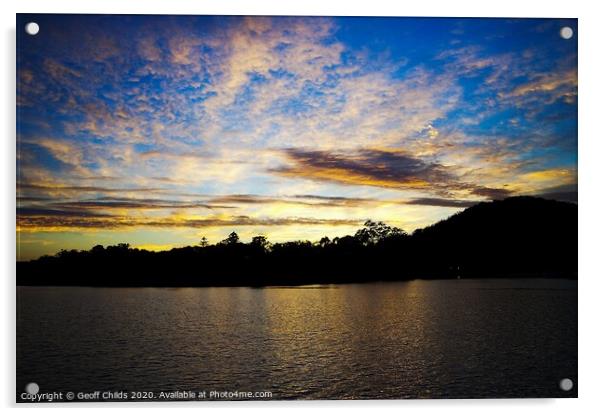 Dramatic sunrise seascape, Pittwater, Sydney. Acrylic by Geoff Childs