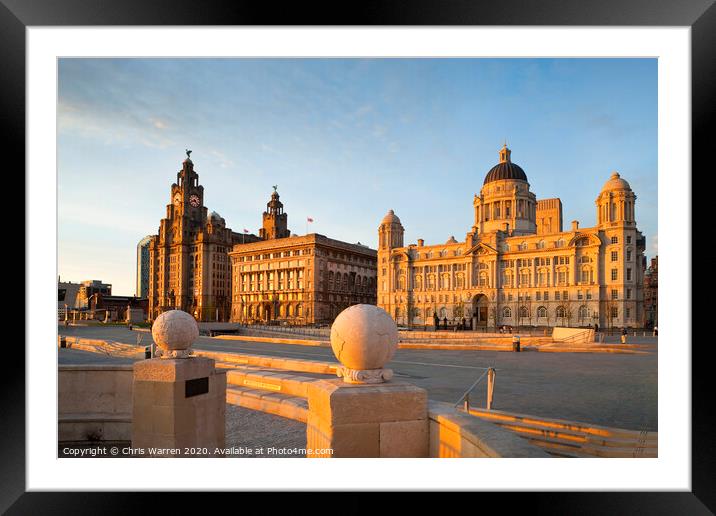 Three Graces Liverpool at twilight Framed Mounted Print by Chris Warren