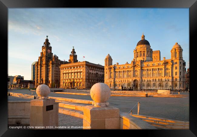 Three Graces Liverpool at twilight Framed Print by Chris Warren