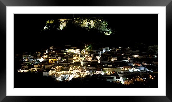 Lindos Rhodes Town and Acropolis at Night Framed Mounted Print by Mike Gorton
