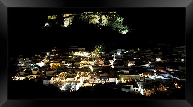 Lindos Rhodes Town and Acropolis at Night Framed Print by Mike Gorton