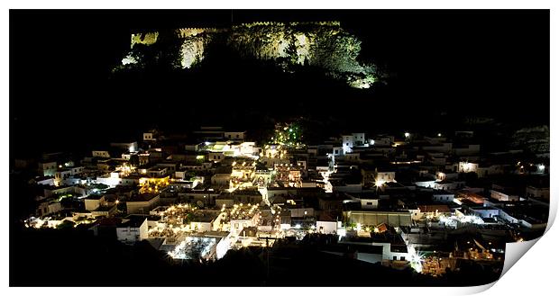Lindos Rhodes Town and Acropolis at Night Print by Mike Gorton