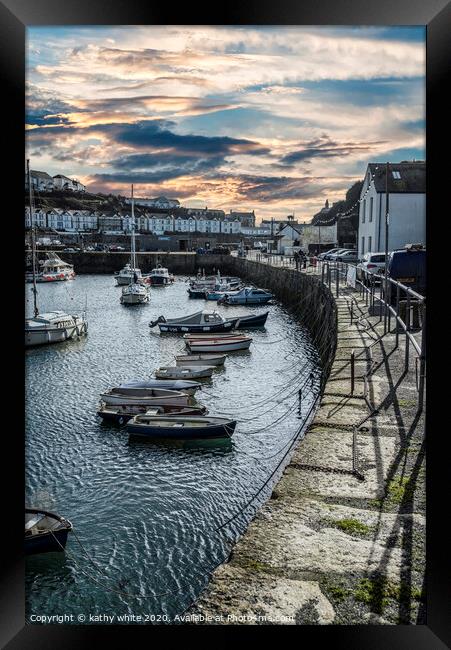 Porthleven harbour     with lovely sky Framed Print by kathy white
