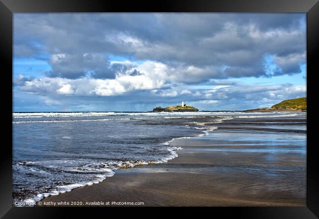 Godrevy beach with lighthouse Framed Print by kathy white