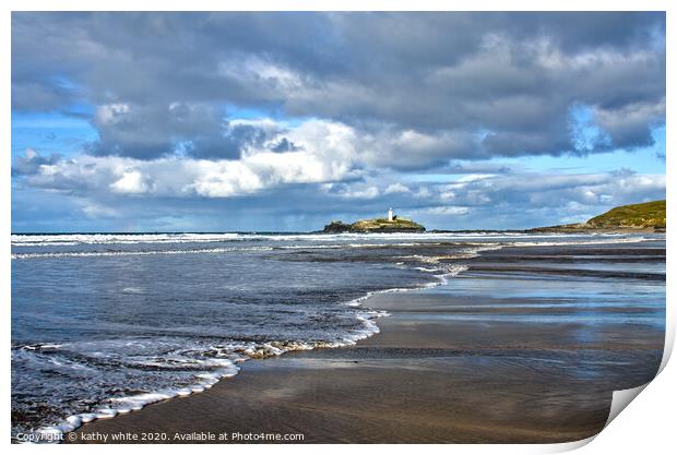 Godrevy beach with lighthouse Print by kathy white