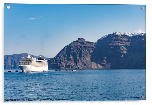 Cruise liner at anchor in Santorini Bay. Acrylic by Chris North