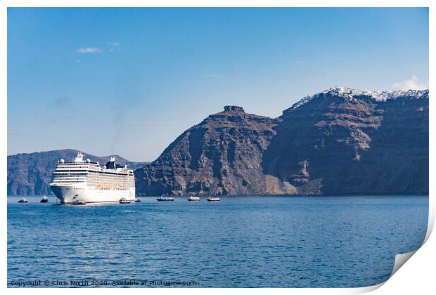 Cruise liner at anchor in Santorini Bay. Print by Chris North