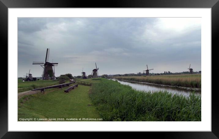 Kinderdijk windmills in the Netherlands Framed Mounted Print by Lawson Jones