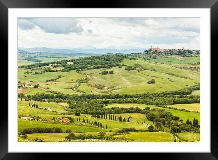 View of the town of Pienza with the typical Tuscan hills Framed Mounted Print by Antonio Gravante