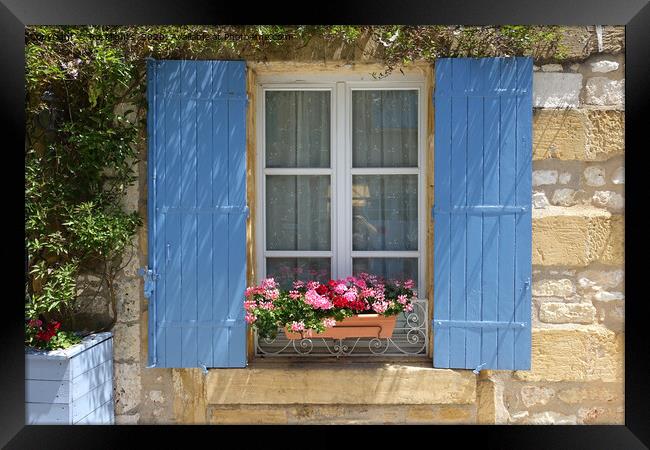 Window with blue shutters and window box of flowers Framed Print by Rocklights 