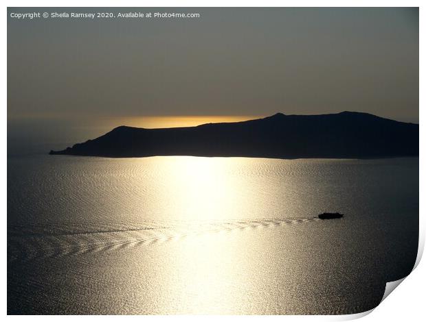 Last boat to Santorini Print by Sheila Ramsey