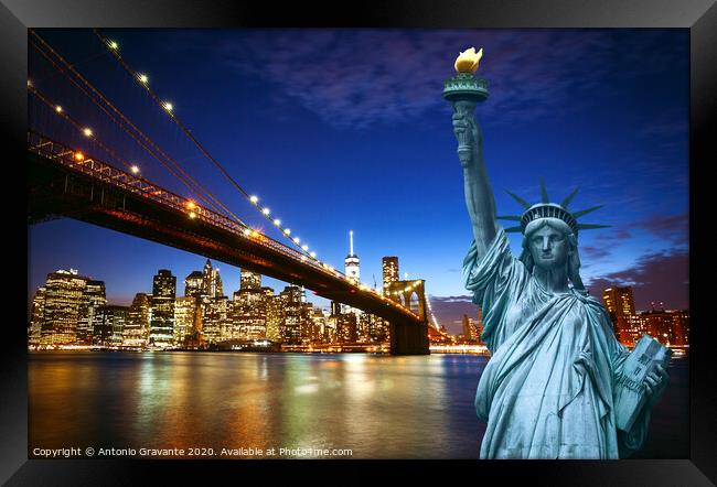 New york city skyline with Liberty Statue Framed Print by Antonio Gravante