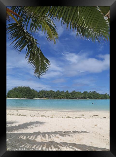 Koromiri Island, Rarotonga from Muri Beach with palm tree Framed Print by Robert MacDowall