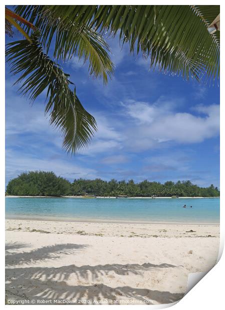 Koromiri Island, Rarotonga from Muri Beach with palm tree Print by Robert MacDowall