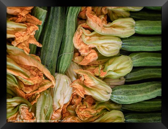 Zucchini with yellow flowers for sale on a farmers market, Rome Framed Print by Frank Bach