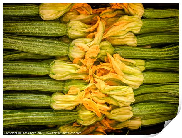 Zucchini with yellow flowers for sale on a farmers market, Rome Print by Frank Bach