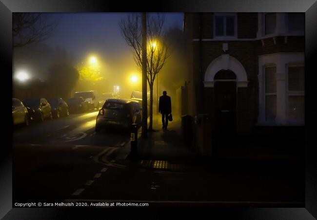 A walk in the fog at dawn Framed Print by Sara Melhuish
