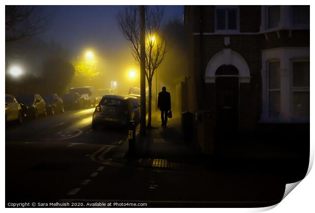 A walk in the fog at dawn Print by Sara Melhuish