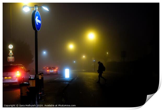 Crossing the foggy road Print by Sara Melhuish