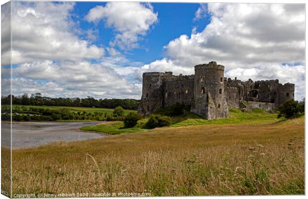 View of Carew castle with tidal pool Canvas Print by Jenny Hibbert