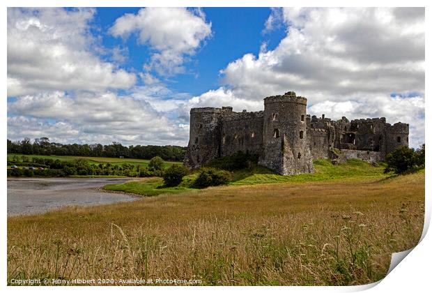 View of Carew castle with tidal pool Print by Jenny Hibbert