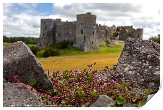 Looking across to Carew castle over old wall Print by Jenny Hibbert